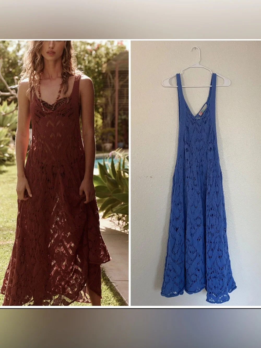 Free People Blue Bianca Boho Crochet Fauxchet Midi Dress